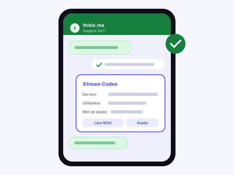Conversation WhatsApp du support thisis.ma avec les codes Xtream Codes et le lien M3U