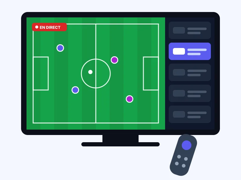 Télévision affichant une chaîne en direct avec la liste des chaînes IPTV et une télécommande